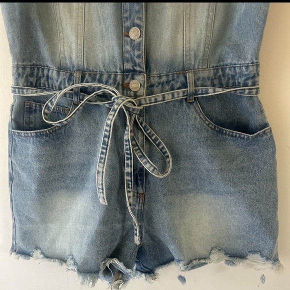Vince Light Blue Denim Sleeveless Romper with Tie Waist - Picture 4 of 16